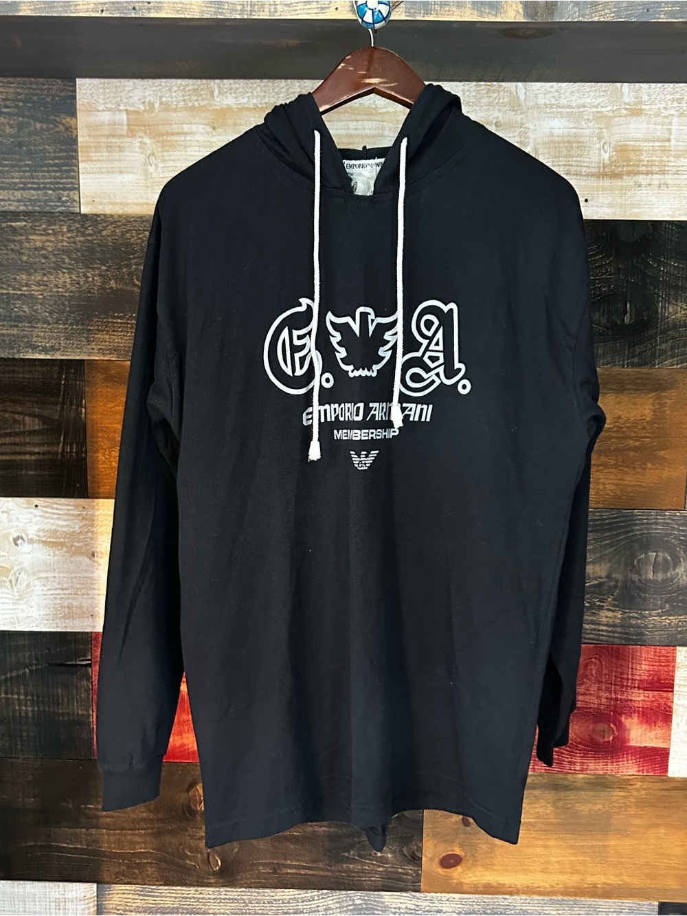 Emporio Armani membership Black Logo Hoodie Shirt script gothic large